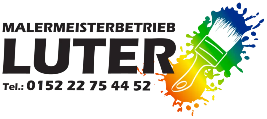 Malermeisterbetrieb Luter — Logo mit Pinsel und Farbspritzer, Telefon 0152 22 75 44 52